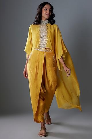 mustard yellow sequins embroidered chiffon cape set