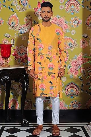 mustard yellow silk & stretch cotton printed kurta set