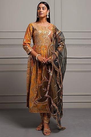 mustard yellow silk bandhani printed & embroidered kurta set