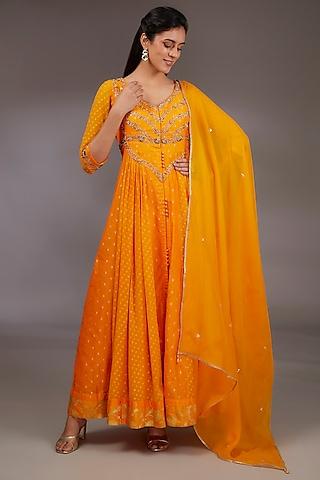 mustard yellow silk brocade zardosi embroidered anarkali set