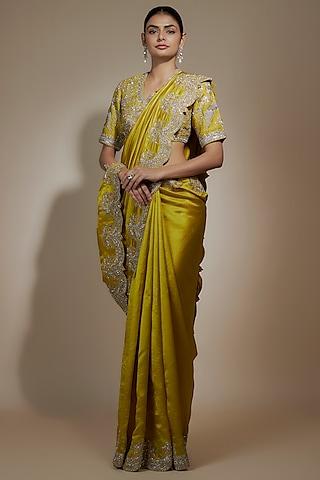 mustard yellow silk cutwork embroidered saree set