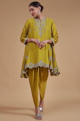 mustard yellow silk embroidered a-line tunic set