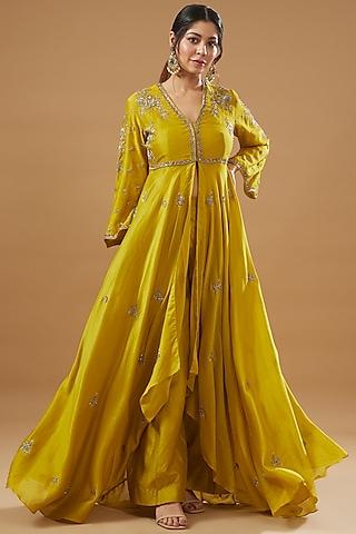 mustard yellow silk embroidered tunic set