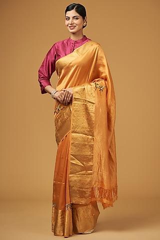 mustard yellow silk floral embroidered saree set