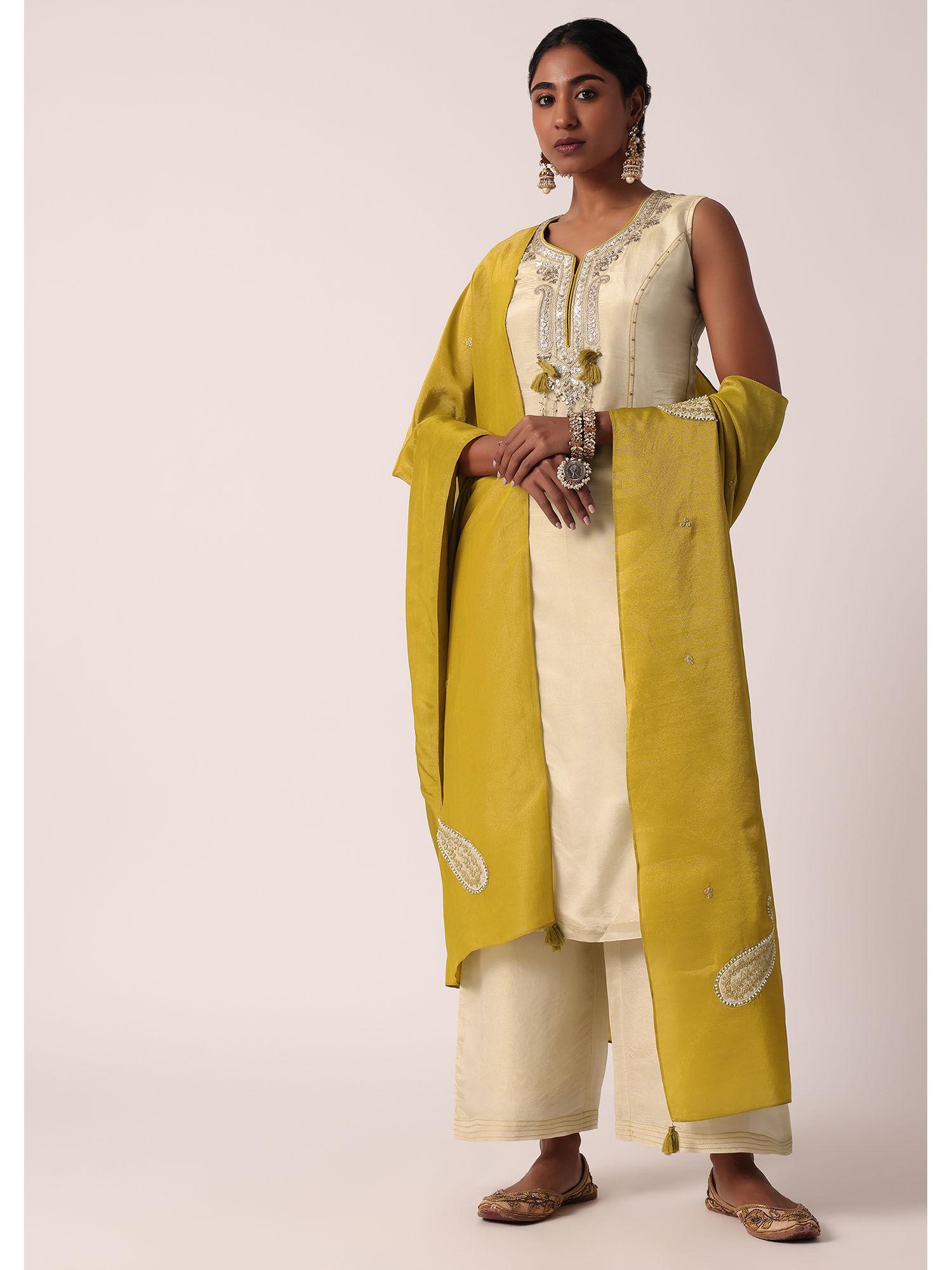 mustard yellow silk palazzo with kurta & dupatta sequin work (set of 3)