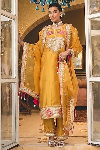 mustard yellow spun silk patchwork kurta set