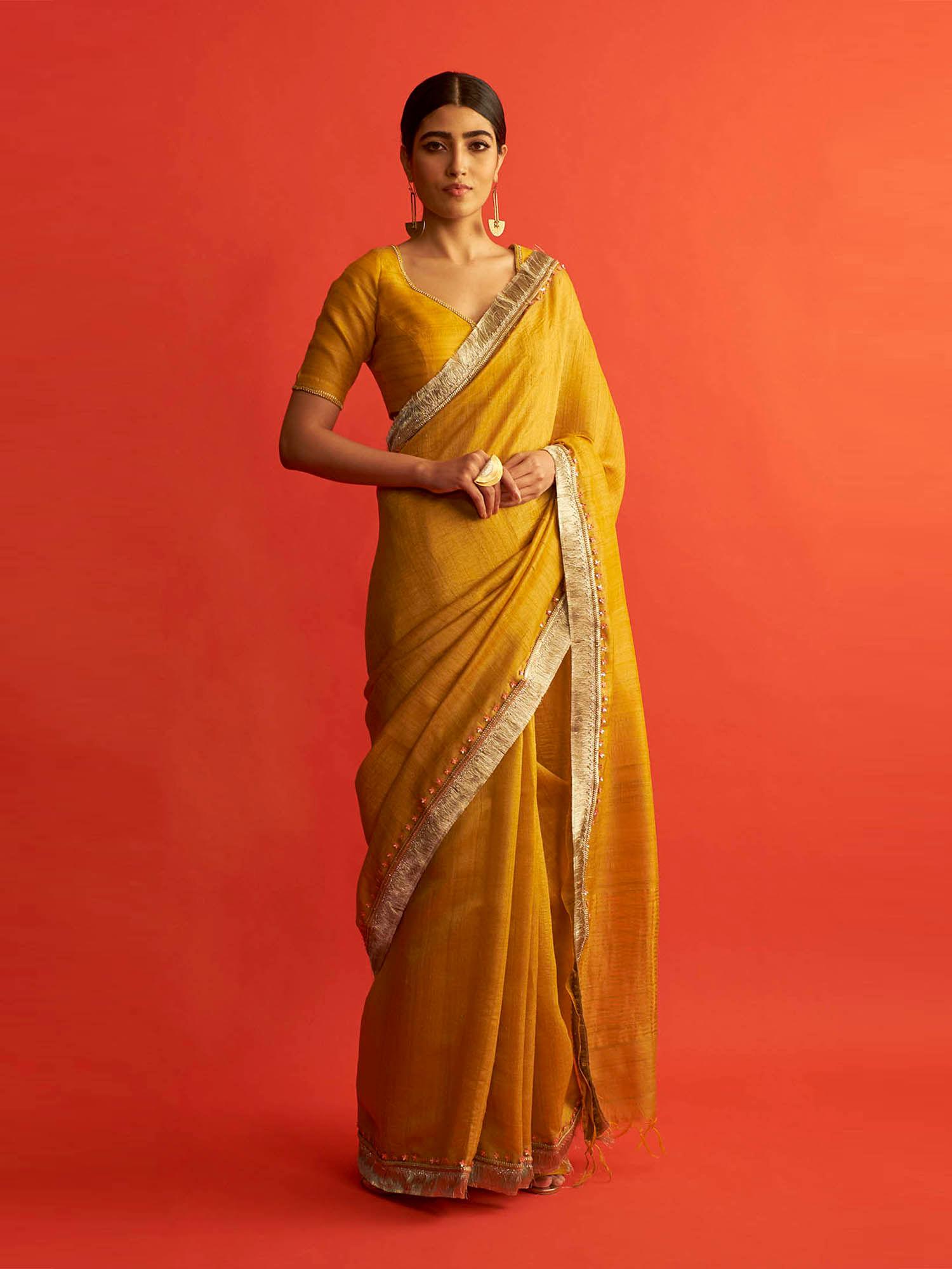 mustard yellow tusser silk saree with unstitched blouse