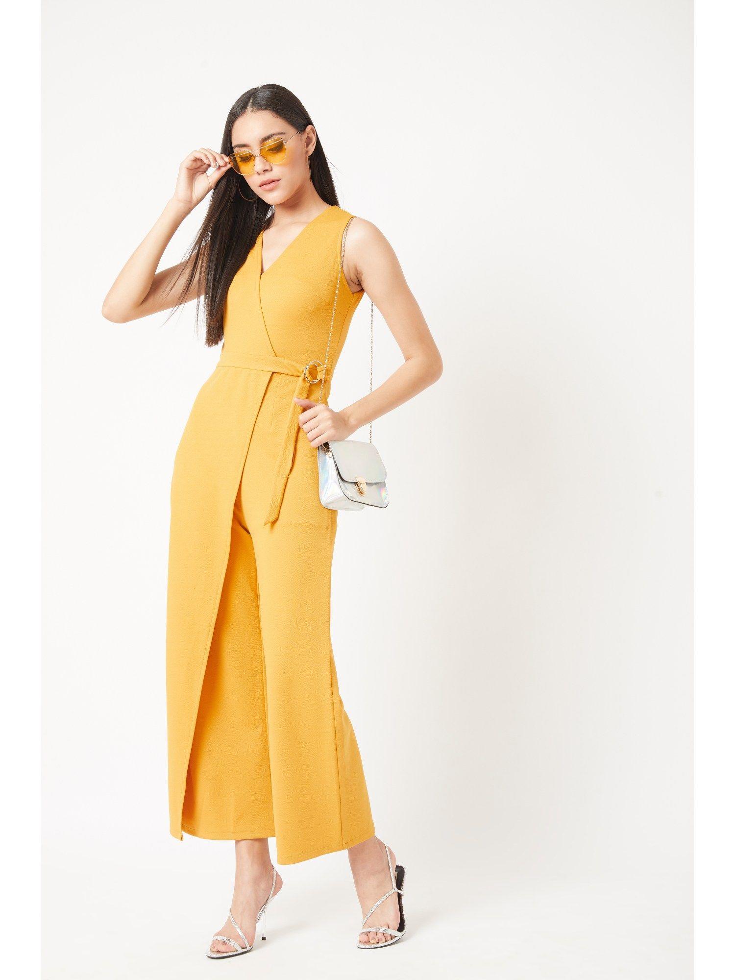 mustard yellow v-neck sleeveless solid wrap regular length jumpsuit