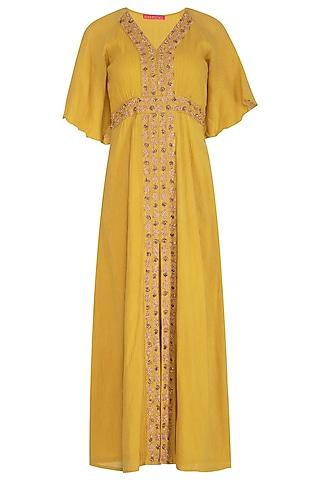 mustard yellow wrinkled modal and handloom ajrakh sequins hand embroidered maxi dress for girls