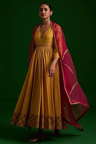 mustard zardosi embroidered anarkali set