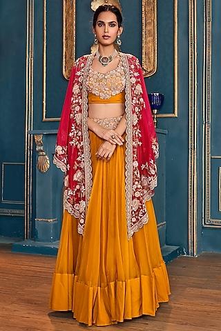 mustard zardosi embroidered jacket lehenga set