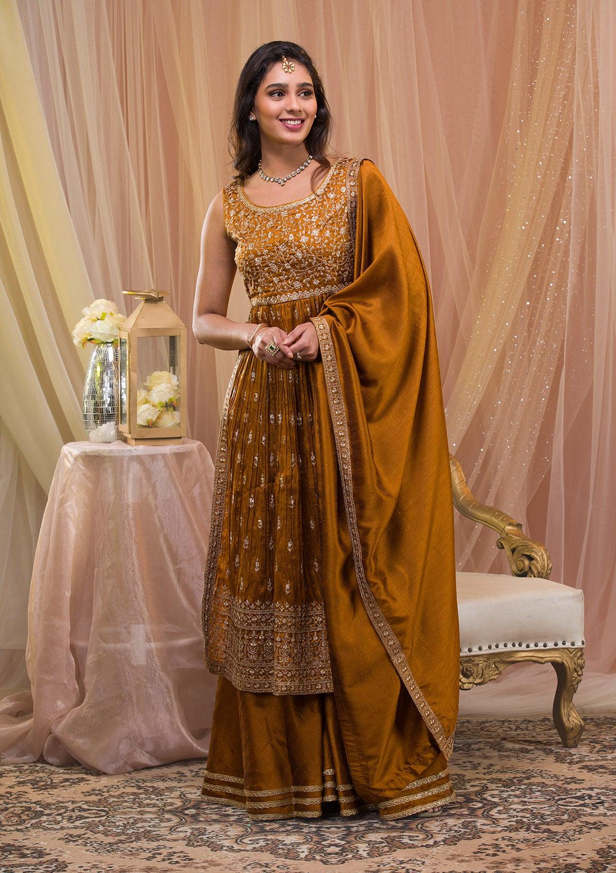 mustard zariwork art silk readymade sharara suit