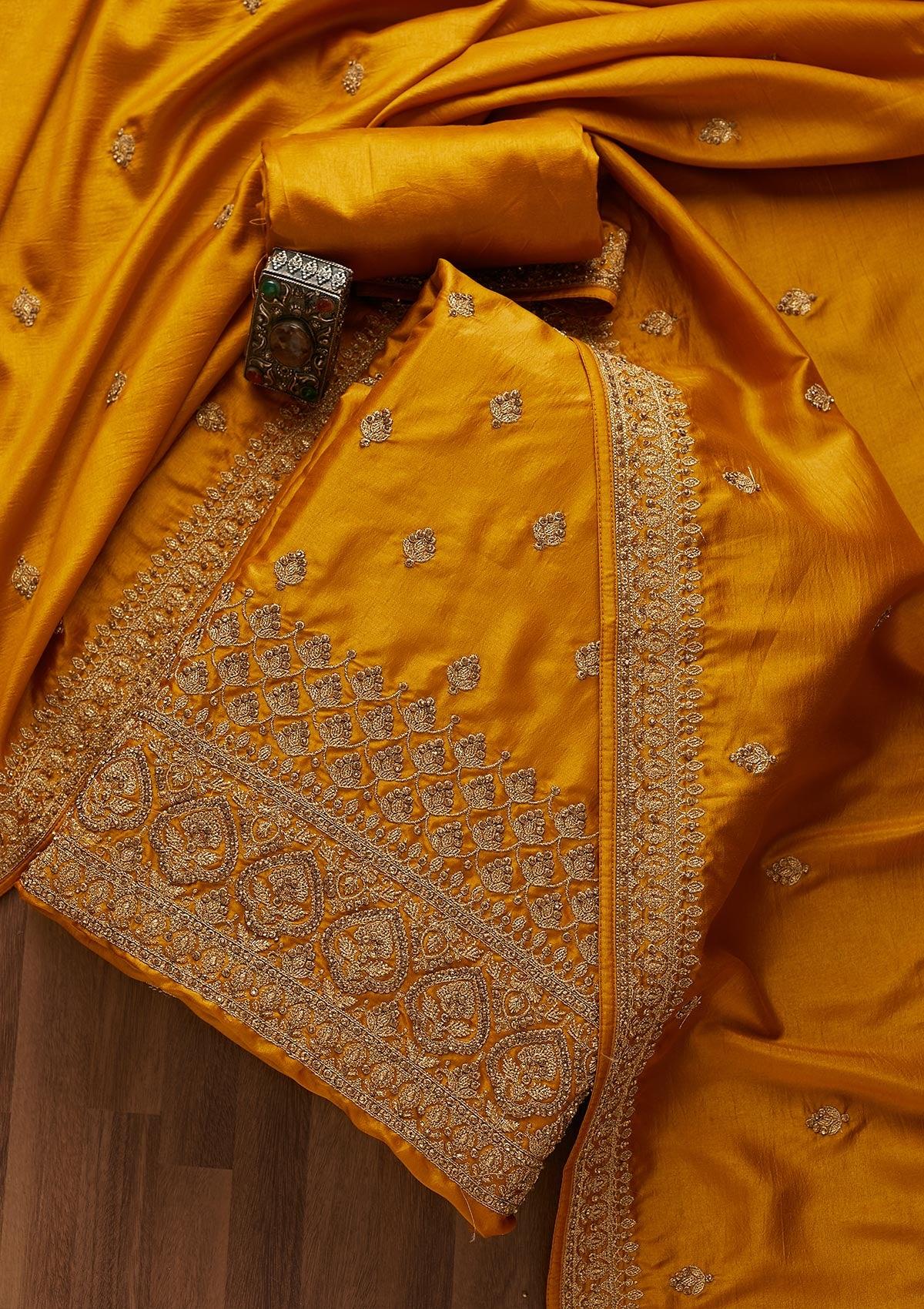 mustard zariwork art silk unstitched salwar suit