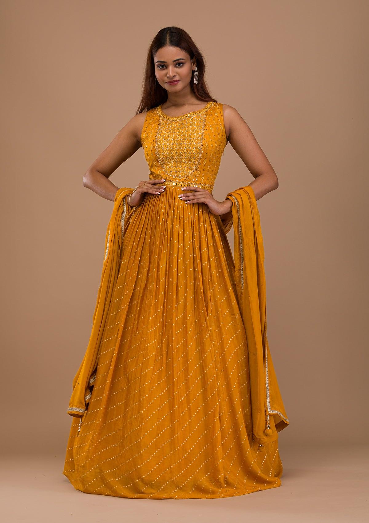 mustard zariwork semi crepe readymade anarkali suit