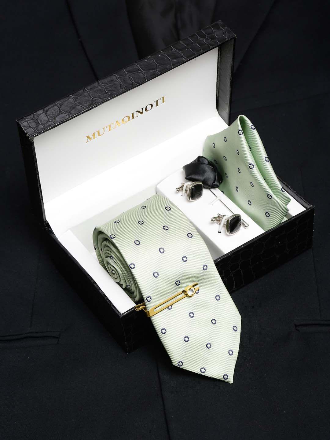 mutaqinoti men green printed silk formal accessory gift set