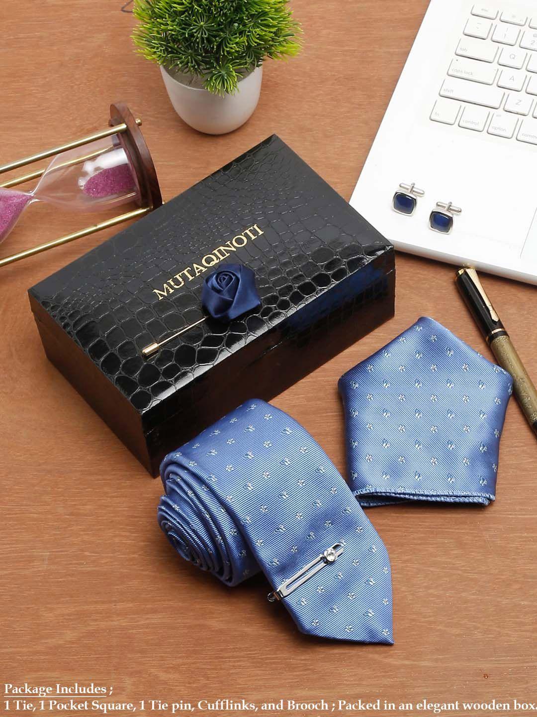 mutaqinoti men blue & white formal tie accessory gift set