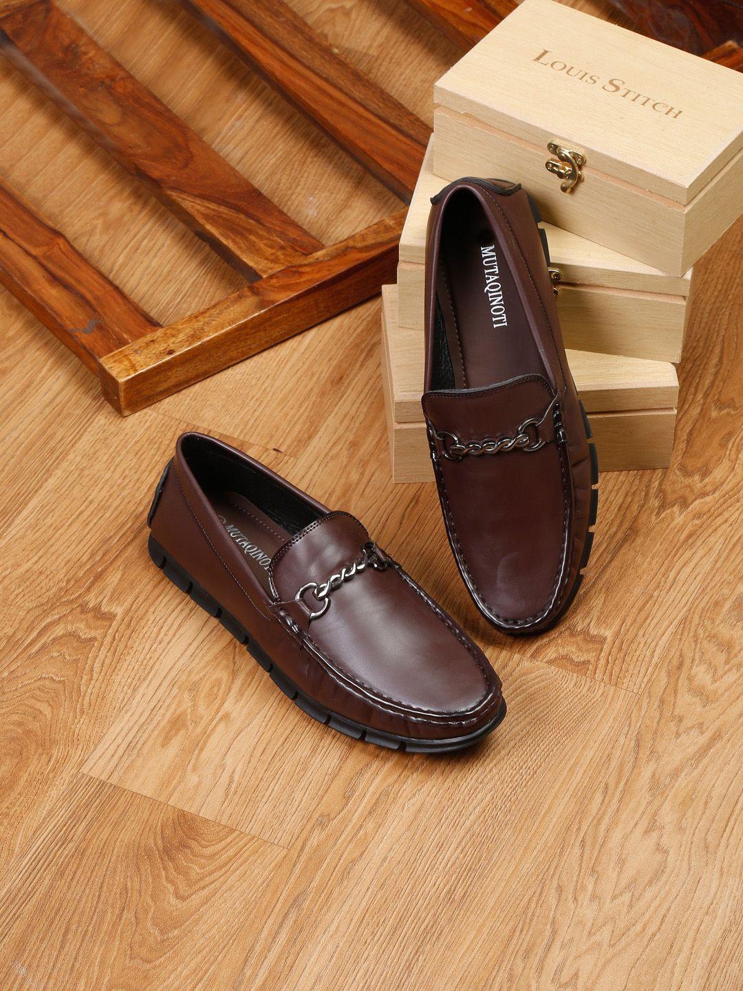 mutaqinoti men brown colourblocked patent leather loafers