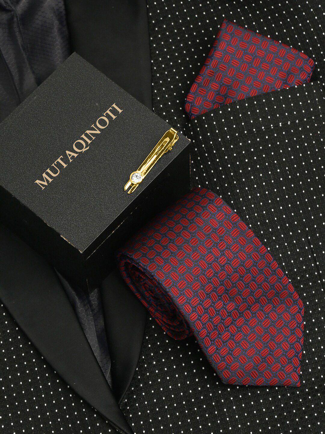 mutaqinoti men burgundy woven design broad silk tie with pocket square tie pin