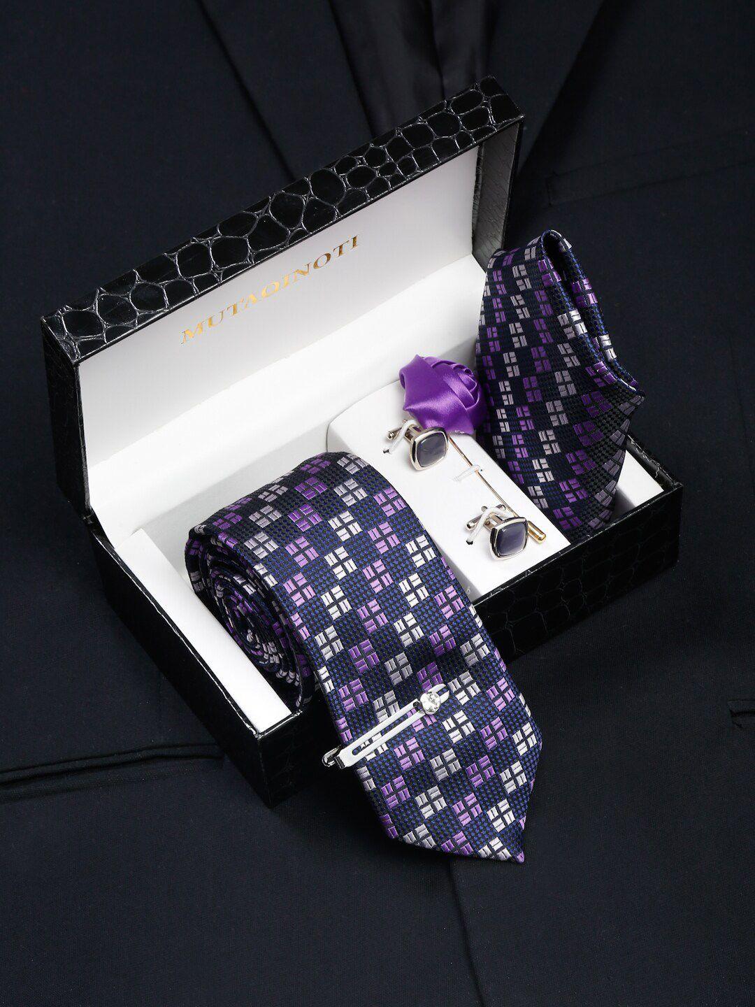 mutaqinoti men purple printed silk formal accessory gift set