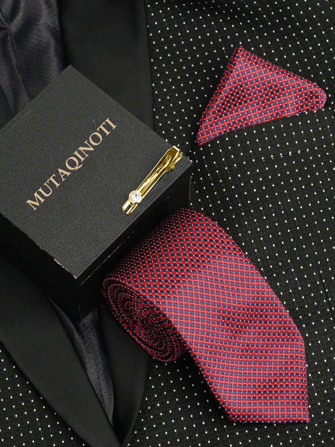mutaqinoti men red italian style silk neck broad tie with pocket square & tiepin