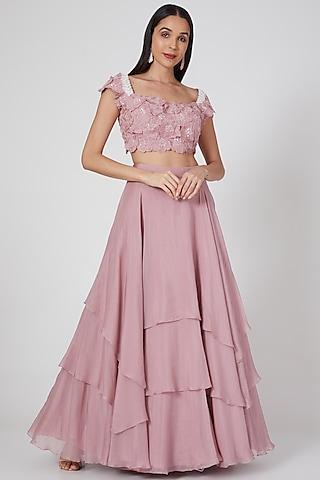 muted pink 3d embroidered skirt set