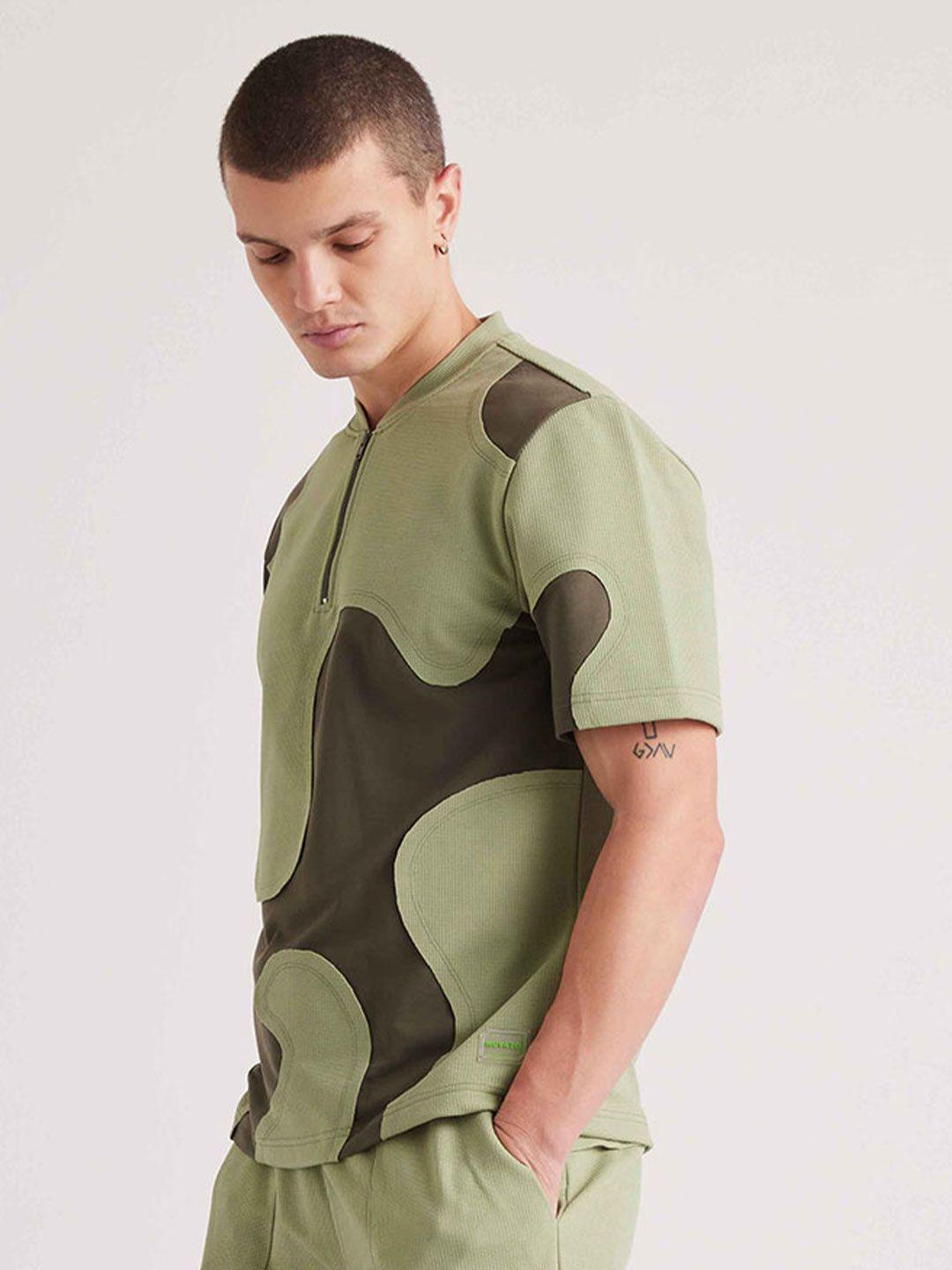 muvazo men green v-neck extended sleeves pockets t-shirt