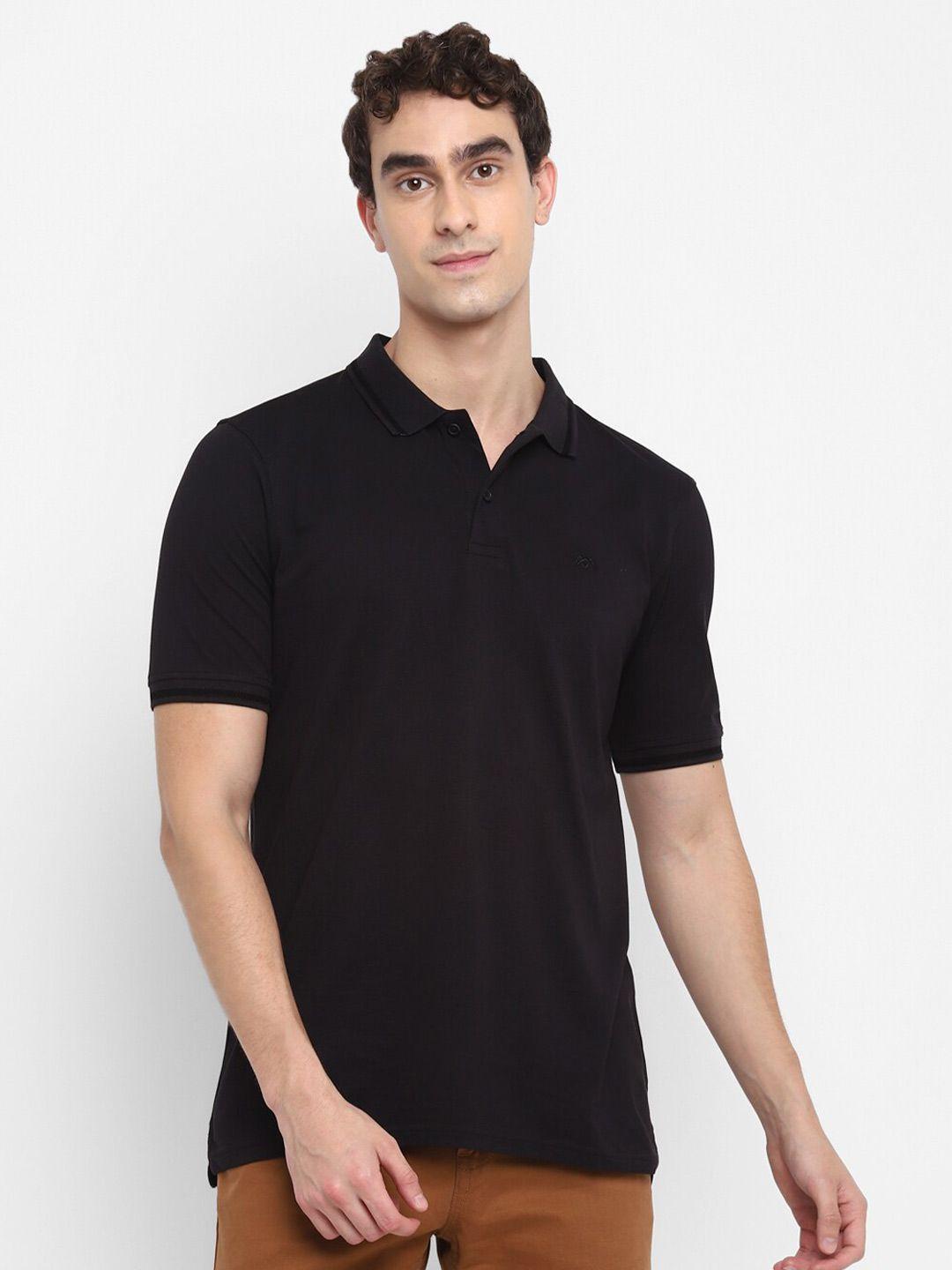 muwin men black solid polo collar 100% supima cotton t-shirt