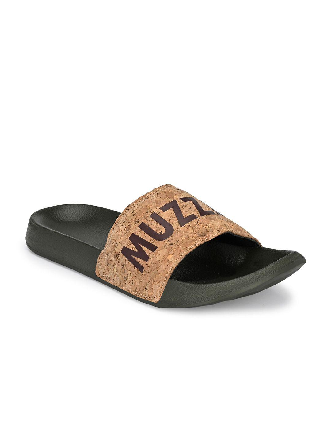 muzzati men beige & black printed sliders flip flops