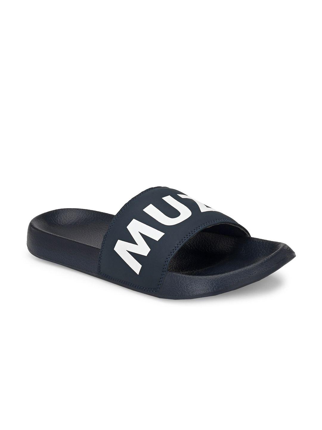 muzzati men navy blue & white printed sliders