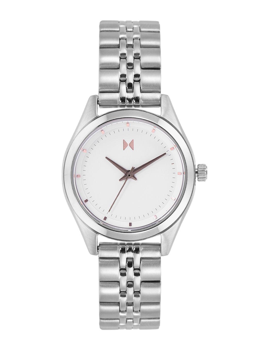 mvmt women white dial & silver toned bracelet style straps analogue watch 28000160