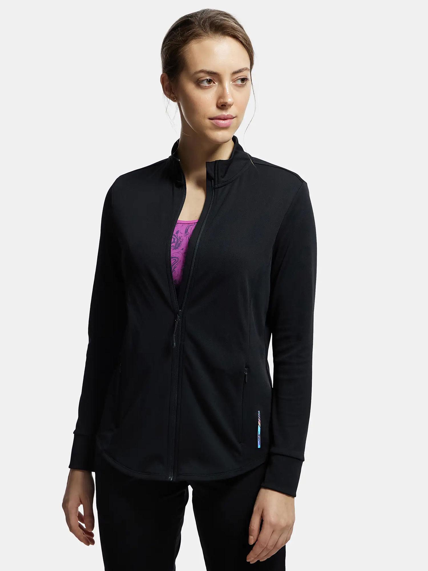 mw67 women microfiber relaxed fit jacket with curved back hem - black