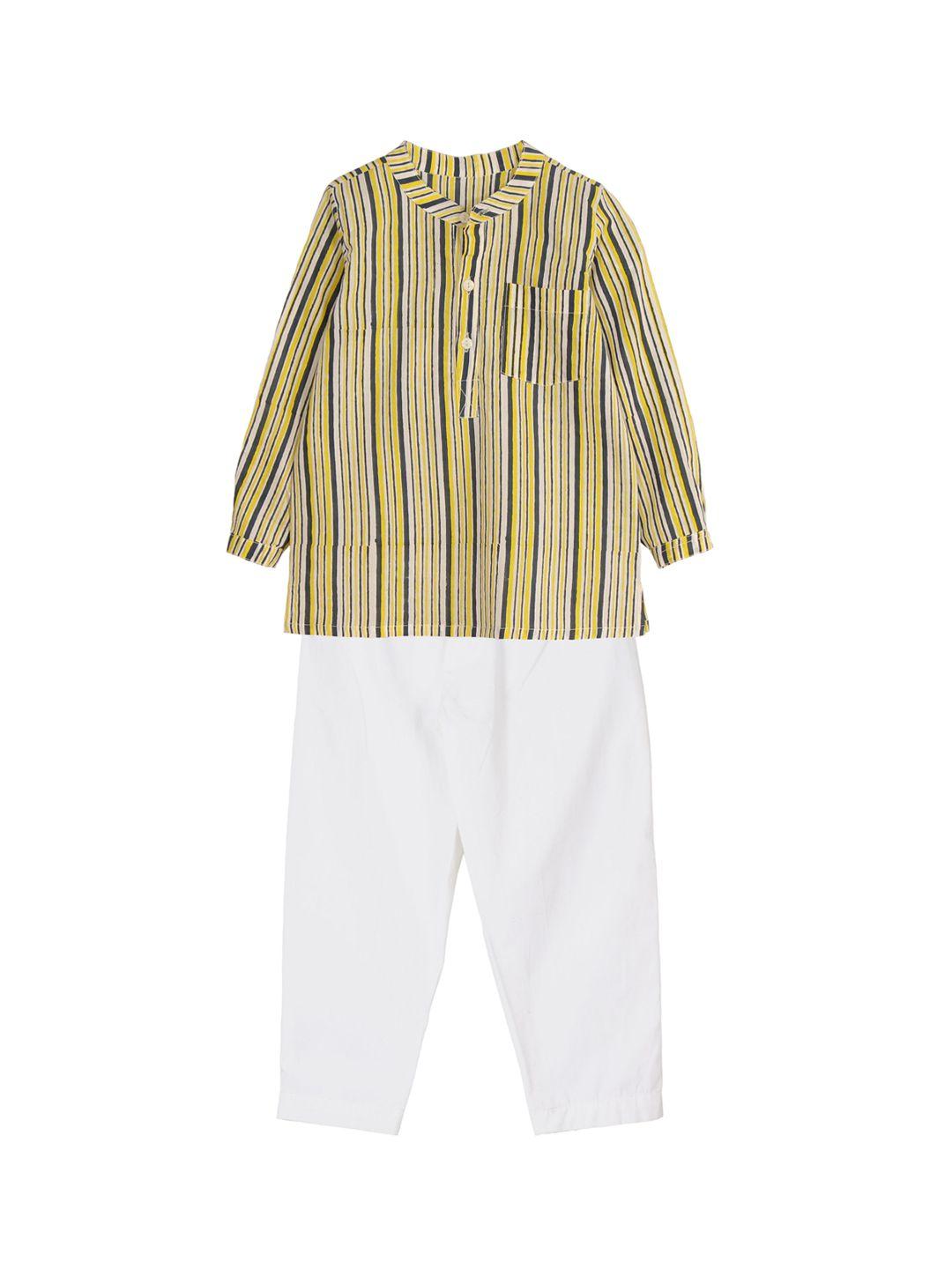 my little lambs boys navy blue & yellow striped kurta with pyjamas