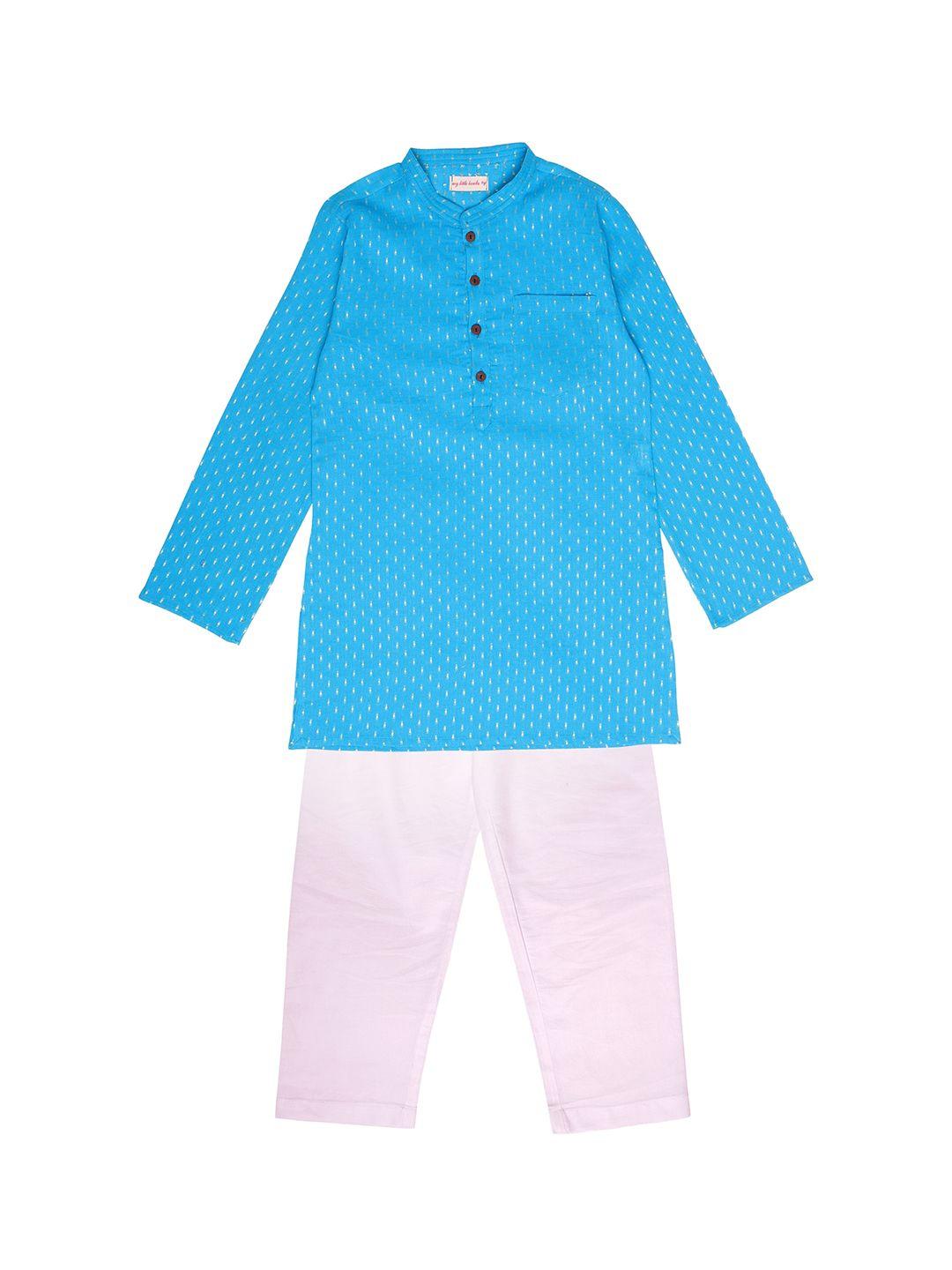 my little lambs boys turquoise blue & white regular pure cotton kurta with pyjamas