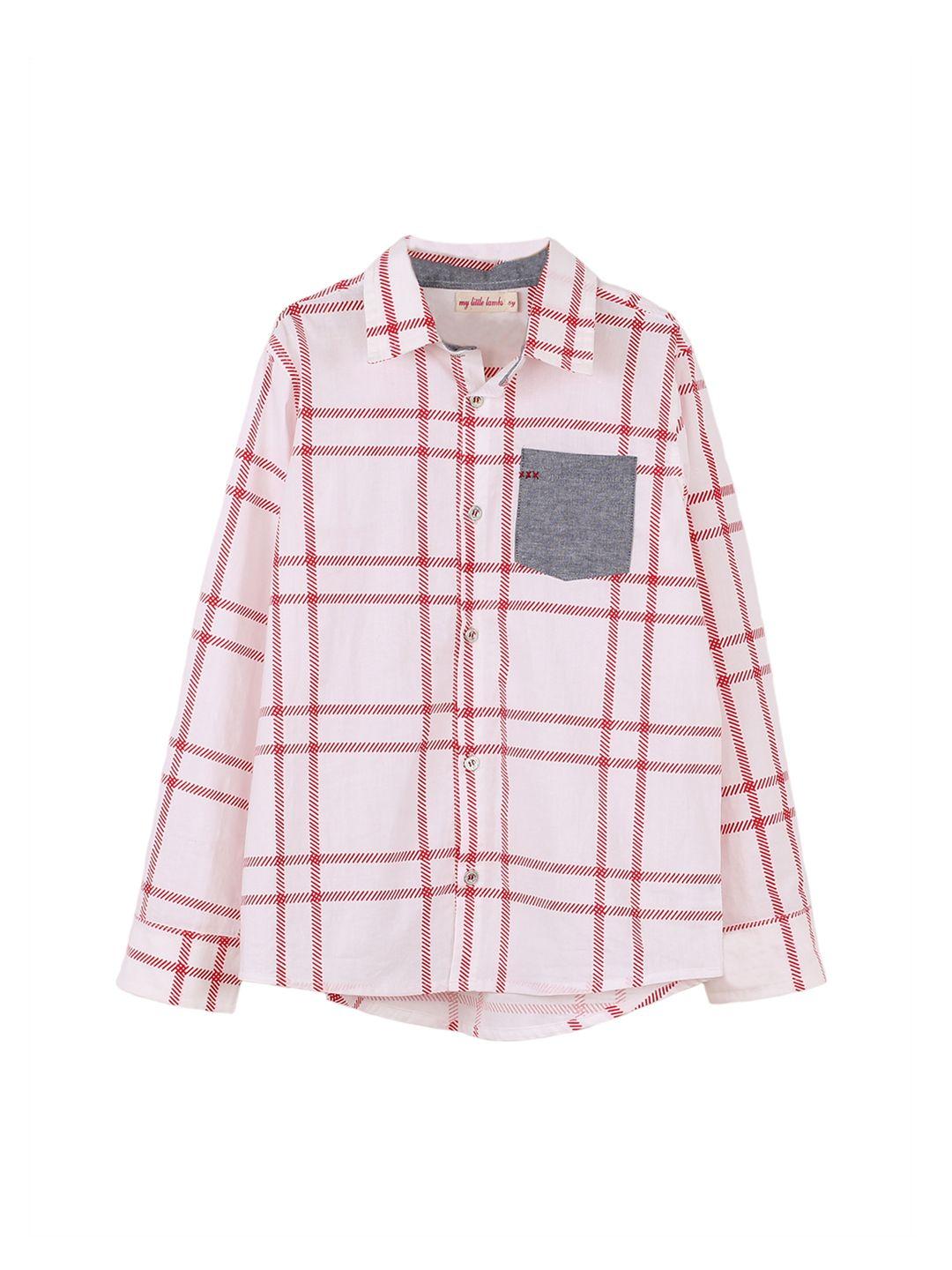 my little lambs boys white & red regular fit checked casual shirt