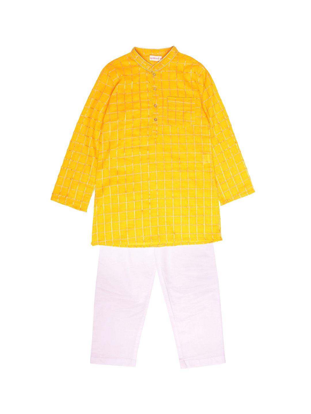 my little lambs boys yellow & white checked pure cotton kurta with pyjamas