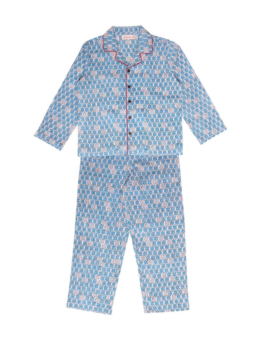 my little lambs kids blue & off-white printed pure cotton night suit