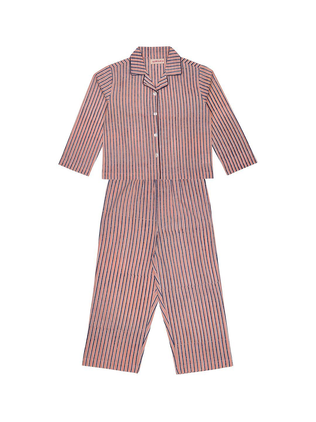 my little lambs kids pink & blue striped pure cotton night suit