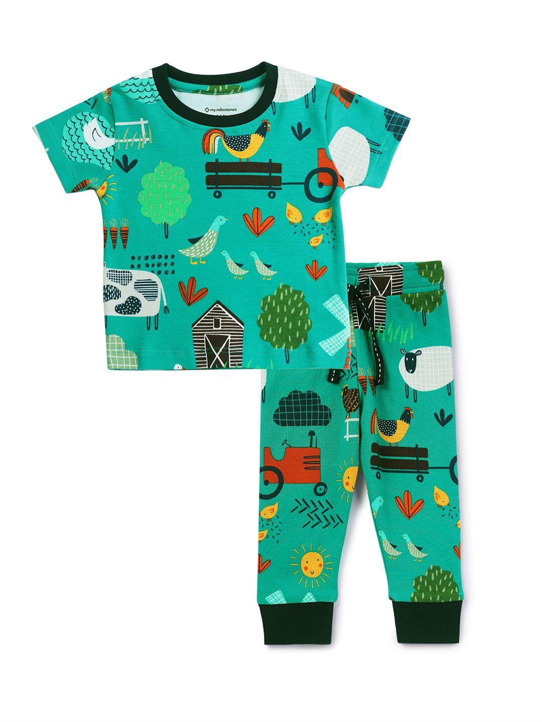 my milestones boys green & rust printed pure cotton t-shirt with trousers