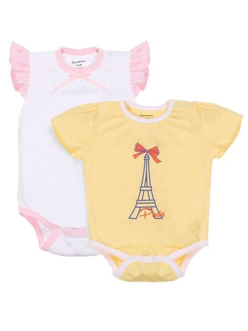 my milestones kids white & yellow printed bodysuit (pack of 2)