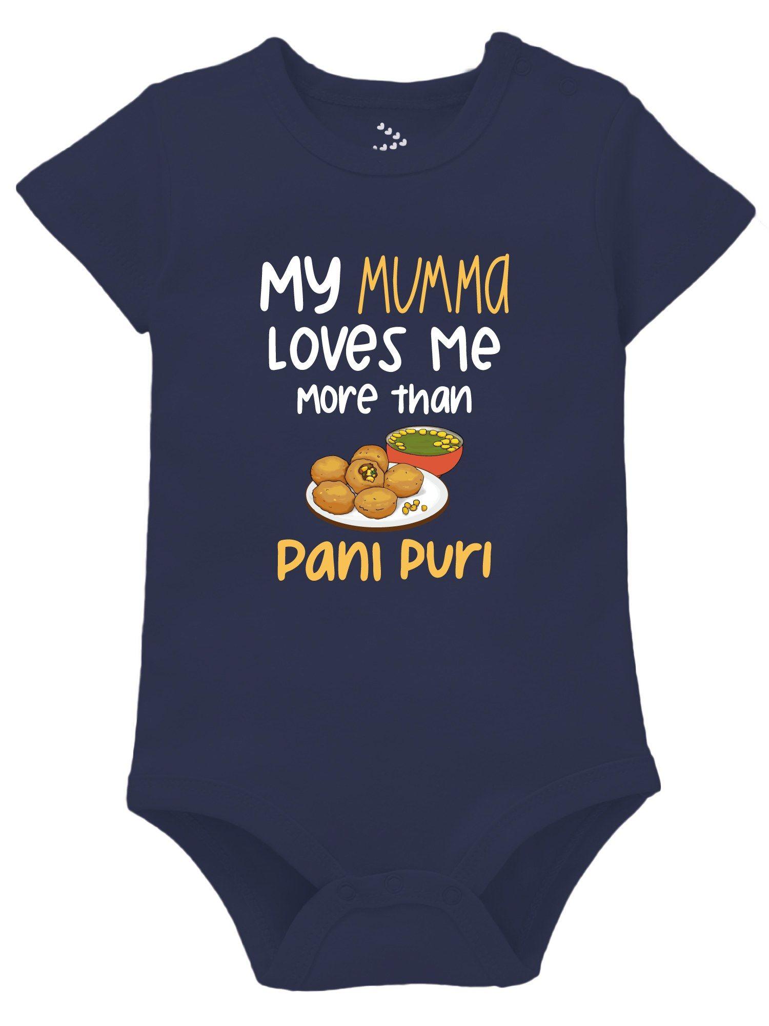 my mumma loves me more than pani puri baby bodysuit navy blue