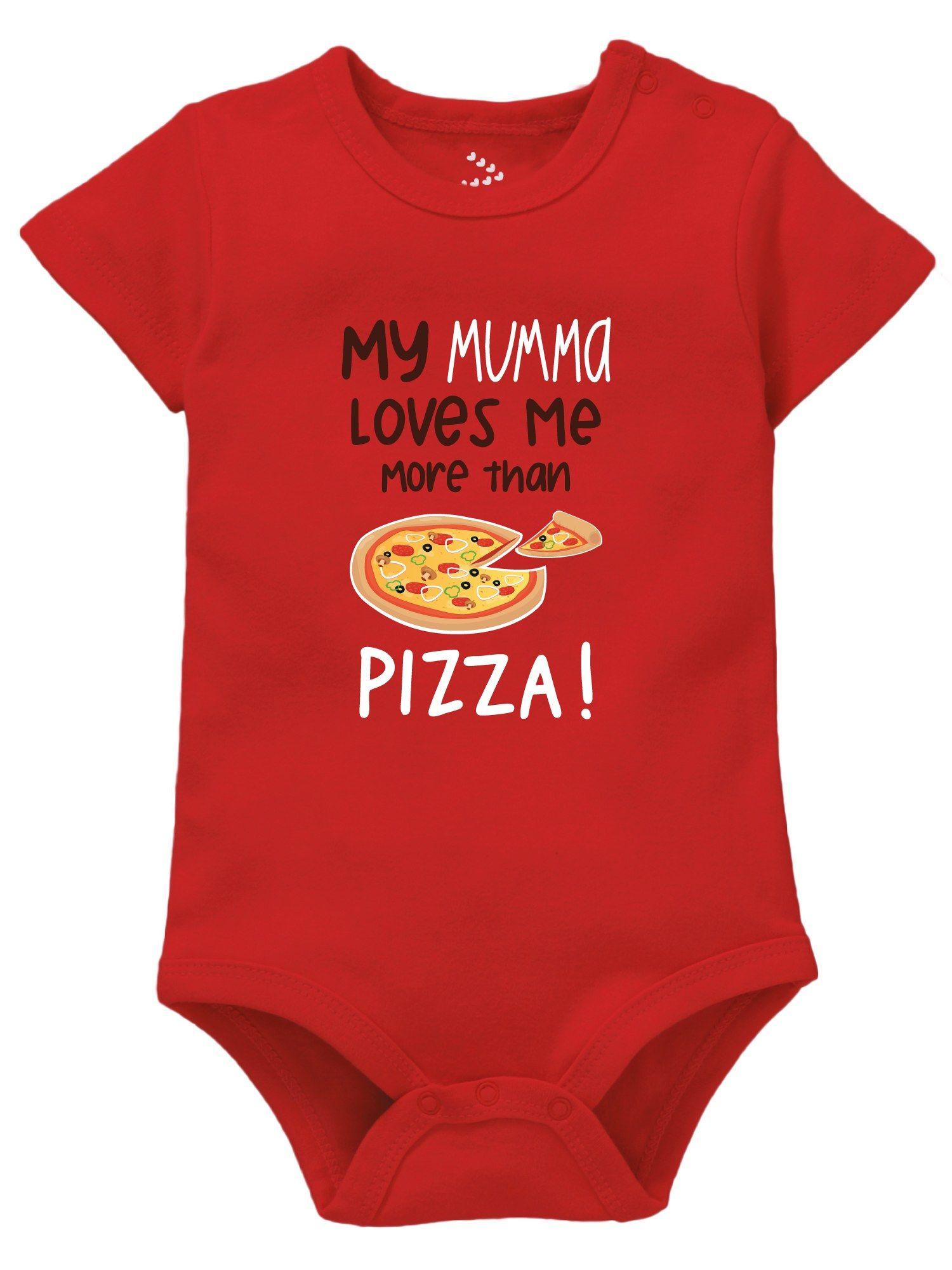my mumma loves me more than pizza mom baby bodysuit red