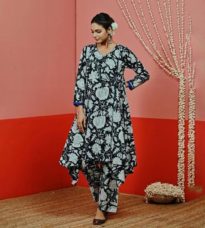 myaara black asymmetric cotton fusion kurta with pant