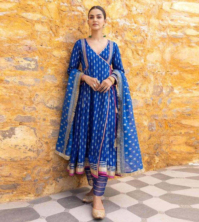 myaara blue sunaar angrakha kurta with pant and dupatta