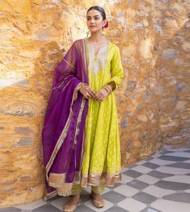 myaara lime sunaar anarkali kurta with pant and dupatta