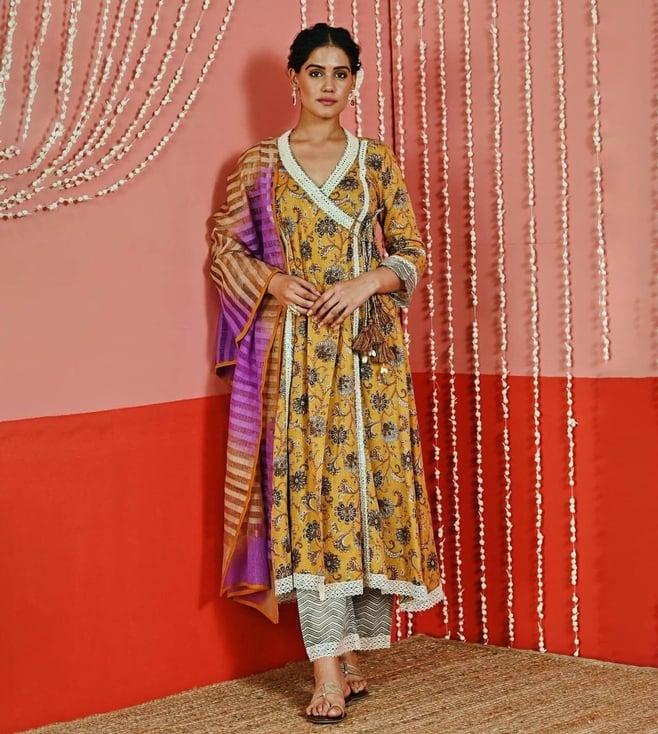 myaara mustard yellow cotton anarkali with pant and ombre dupatta