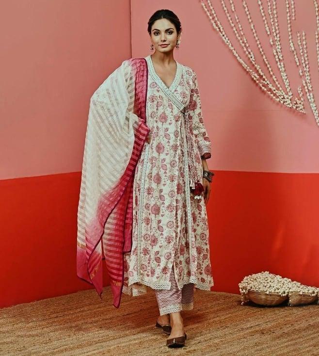 myaara off white cotton anarkali with pant and ombre dupatta