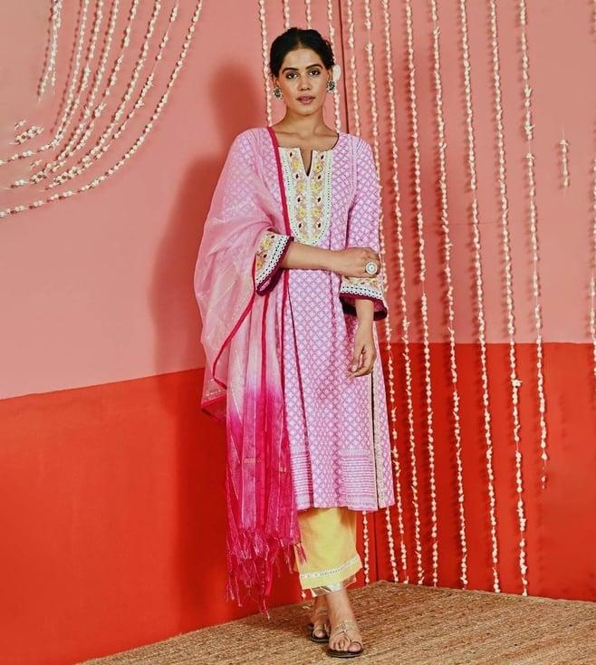 myaara pink cotton kurta with pant and organza dupatta