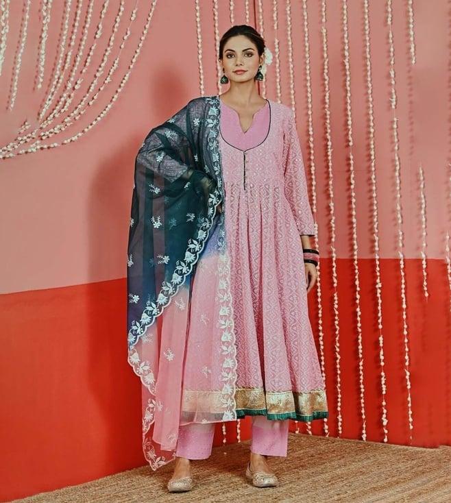 myaara pink georgette anarkali with pant and ombre organza dupatta