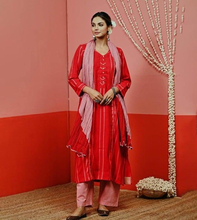 myaara red a-line woven cotton kurta with pant and mulmul dupatta
