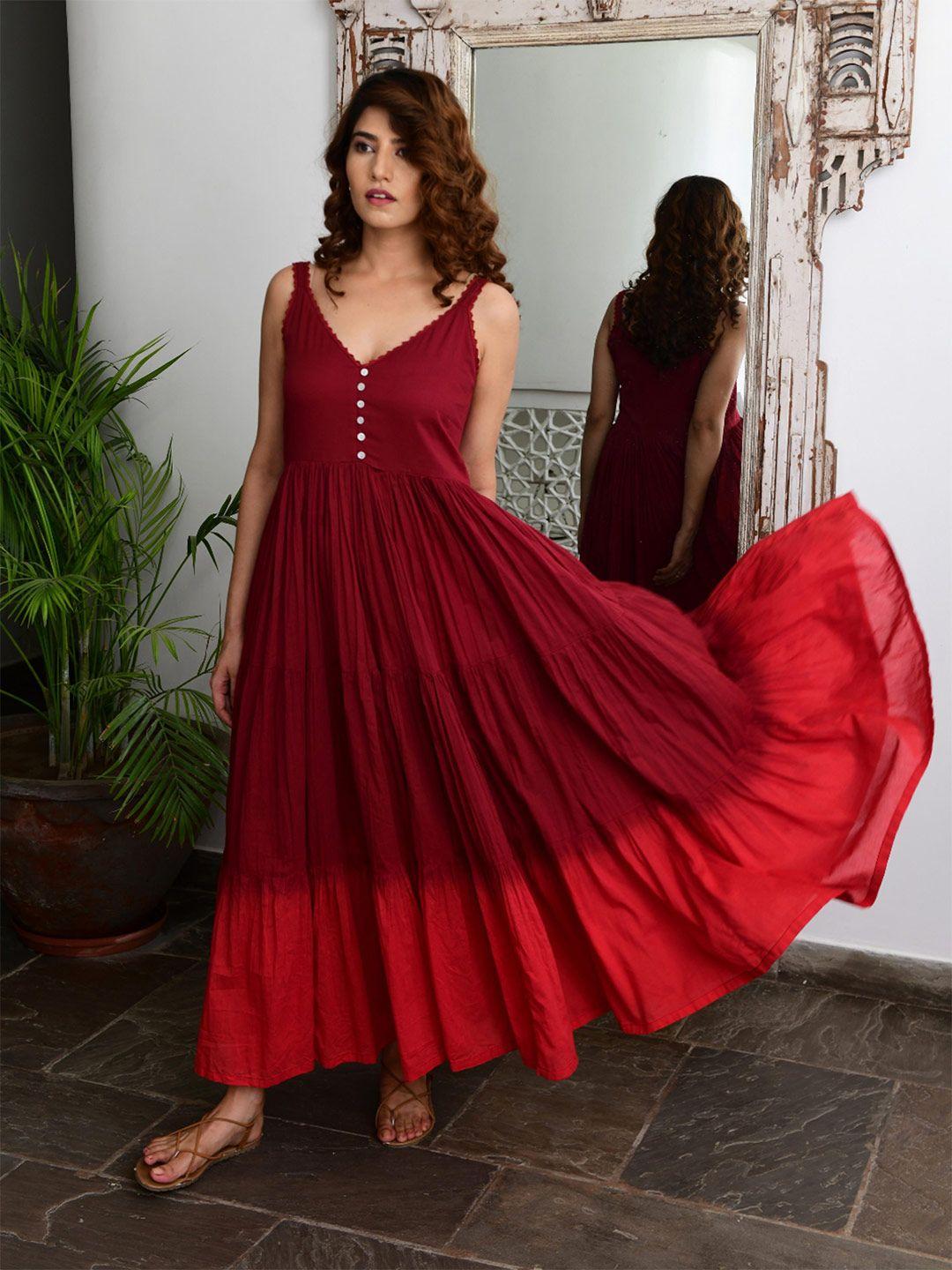 myaara red cotton ethnic maxi maxi dress